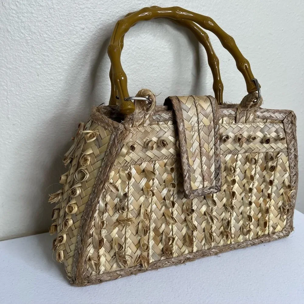 Vintage Handmade Tan Straw Satchel Handbag Faux Bamboo Handles Floral Lining